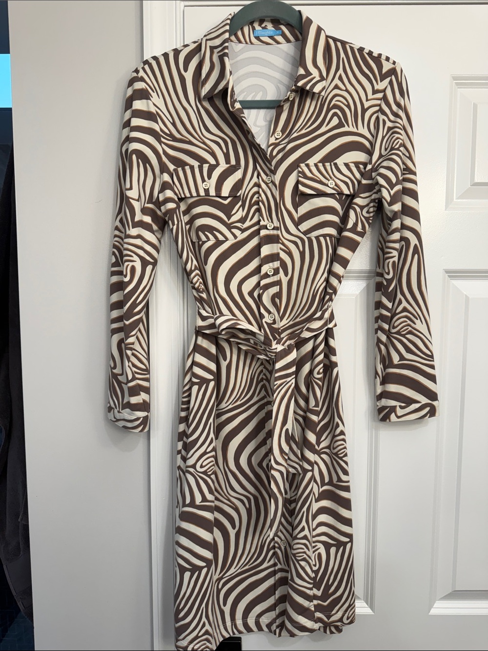 Button-Front Zebra-Print Shirt Dress in Brown & Cream